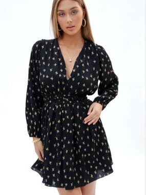 bishop + young Black Long-Sleeve Floral-Print Wrap Dress